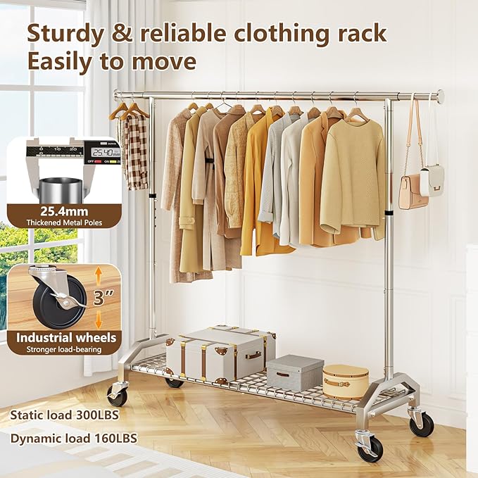 Clothes Rack for Hanging Clothes 350lbs Heavy Duty Clothing Rack 51 to 71" W x 16.53" D x 65" to 71" H Adjustable Rolling Clothes Rack Coat Rack Garment Rack 3" industrial Wheels Silver