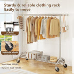 Clothes Rack for Hanging Clothes 350lbs Heavy Duty Clothing Rack 51 to 71" W x 16.53" D x 65" to 71" H Adjustable Rolling Clothes Rack Coat Rack Garment Rack 3" industrial Wheels Silver