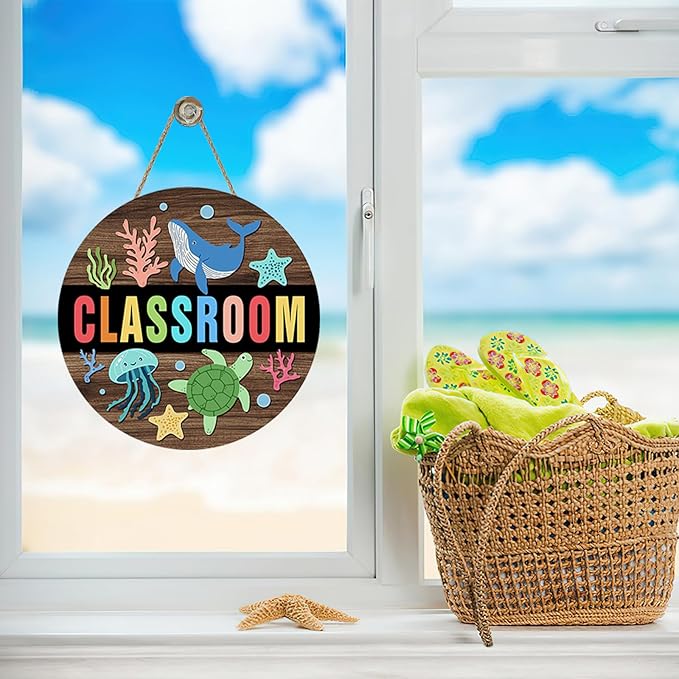 Nautical Classroom Front Door Sign, Back to School Beach Coastal Wood Plaque Hanger Nursery Preschool Elementary Home Decor, Ocean Wooden Wreath Wall Hanging Decoration Teacher Supply Gift