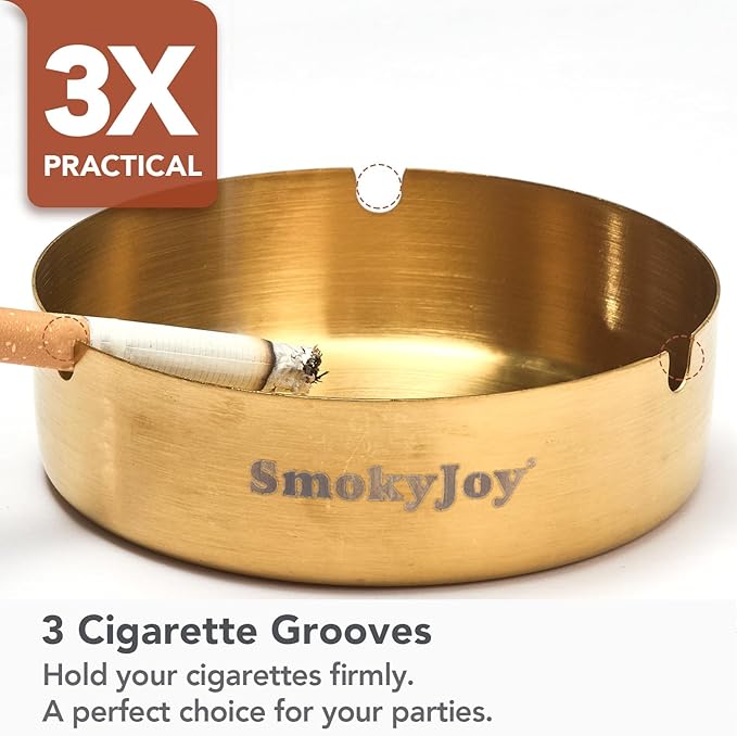 Ashtray with Lid for Outside Patio, 2 Pack Windproof Ash Tray, Gold Stainless Steel Smokeless Ashtray for Outdoor Home Office Tabletop Patio Outdoor Balcony, Meidium