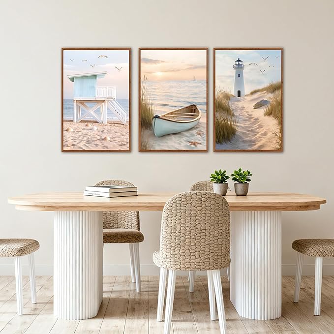 KAlRNE Modern Coastal Framed Canvas Wall Art Set of 3(24”X36”),Neutral Beach Sailboat Wall Decor,Ocean Lighthouse Picture,Photography Seagull Seascape Art Prints For Living Room Bedroom Office