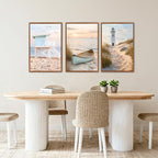 KAlRNE Modern Coastal Framed Canvas Wall Art Set of 3(24”X36”),Neutral Beach Sailboat Wall Decor,Ocean Lighthouse Picture,Photography Seagull Seascape Art Prints For Living Room Bedroom Office