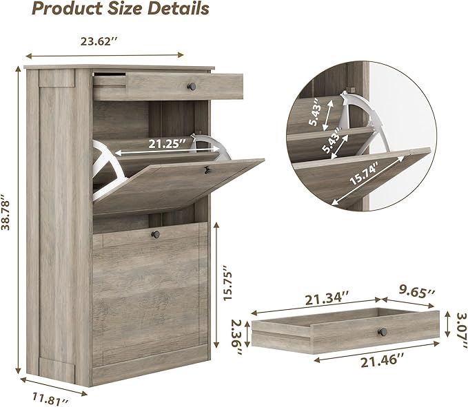 Shoe Cabinet with 2 Flip Drawers, Narrow Freestanding Shoe Storage Organizer, Slim Wooden Hidden Shoe Rack for Front Door Entrance, Closet, Hallway, Living Room, Rustic Gray