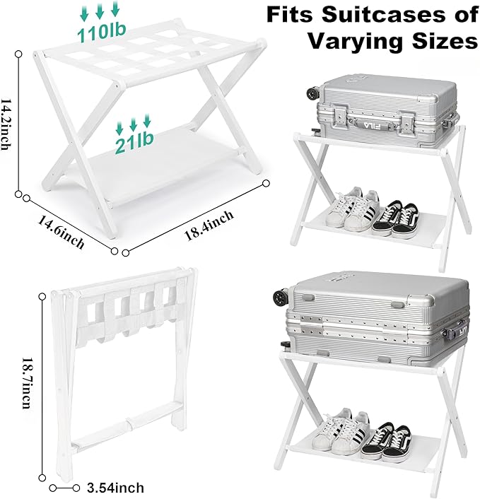 VASMIA Luggage Rack,Bamboo Suitcase Stand with Storage Shelf,Folding Luggage Stand for Guest Room,Hotel,Bedroom,Heavy-Duty, Holds up to 131 lb, White