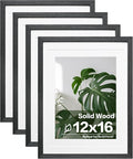 Egofine 12x16 Picture Frames Set of 4, Made of Solid Wood Covered by Plexiglass 9x12 and 11x14 with Mat or 12x16 without Mat, for Wall Mounting Photo Frame Rustic Black