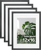 Egofine 12x16 Picture Frames Set of 4, Made of Solid Wood Covered by Plexiglass 9x12 and 11x14 with Mat or 12x16 without Mat, for Wall Mounting Photo Frame Rustic Black