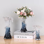 Blue White Clear Wave Vases Gradient, Murano Hand Blown Glass Vase Unique Art Decorative, for Ocean Themed Coastal Home Centerpiece Modern Office Entrance Table Creativity