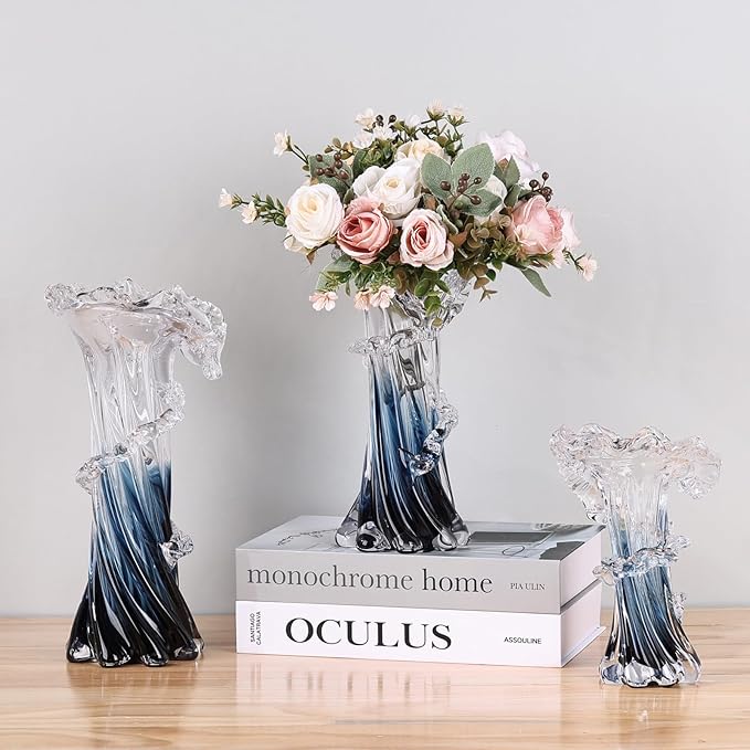 Blue White Clear Wave Vases Gradient, Murano Hand Blown Glass Vase Unique Art Decorative, for Ocean Themed Coastal Home Centerpiece Modern Office Entrance Table Creativity