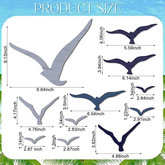 Wesiti 11 Pcs Wooden Seagull Wall Decor Nautical Theme Beach Coastal Art Small Seagull Sea Birds Wall Decor Ocean Adhesive Sculpture Vintage Ornaments for Home Bathroom(Blue)