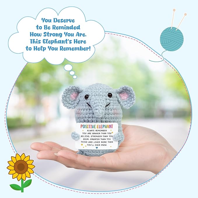 OASSIE Thank You Gifts for Women - Mini Positive Crochet Animals Elephant - Inspirational Birthday Preschool Kindergarten Graduation Gifts Trendy Stuff for Teen Boys Girls Kids Friend Daughter Sister