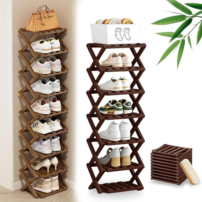 DDRIC The 9-Tier No-Assembly Bamboo Rack, Foldable 9 Tier Bamboo Shoe Rack with Collapsible Vertical Design, Space-Saving Shoe Storage Shelf for Entryway Closet Dorm, No-Tool Assembly (Brown,7)