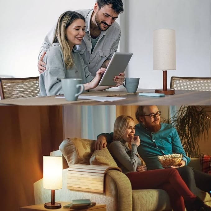 LALISU Small Table Lamp Nightstand Lamp Linen Lampshade Bedroom Wood Base Small Bedside Lamp for Night Stands, Desk Lamps for Reading Living Room, Office (LED Bulb Included) (Walnut Wood Cordless(2))