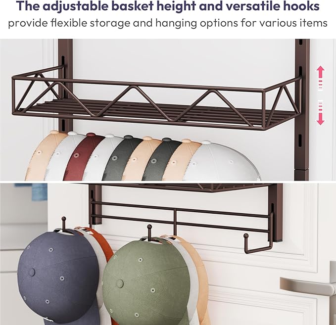SWTYMIKI Over Door Hat Organizer - 5 Tier Wall Mounted Hat Rack with 4 Adjustable Metal Basket and 3 Hooks, Hanging Baseball Cap Organizer Storage Holds up to 49 Caps for Door, Bedroom, Closet