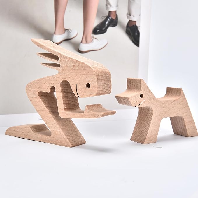 ISHINE Wood Decor Wooden Statue Man and Dog Figurine Handmade Carved Creative Home Office Gift for Men Women Accents Decoration Natural ECO Friendly 7x3 inches (A-Woman Kisses Dog)