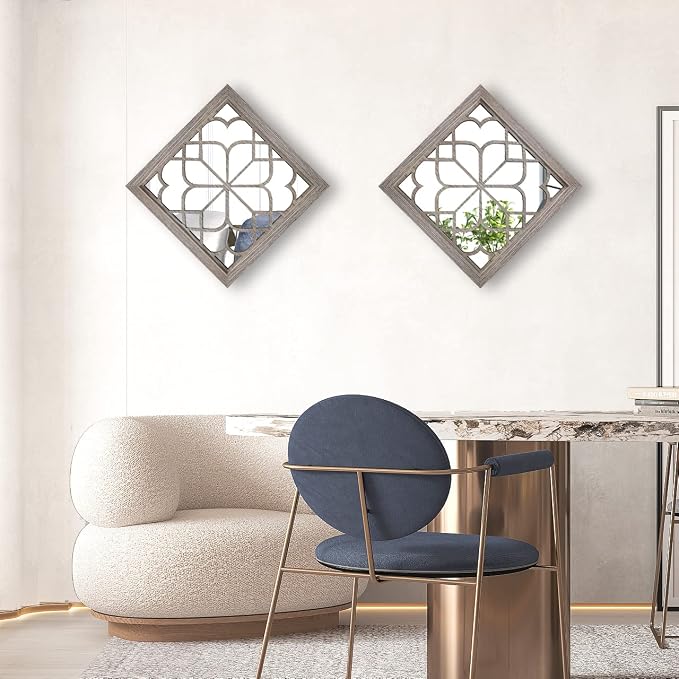 Wocred Set of 2 Farmhouse Square True Mirrors,Vintage Style Barn Wood Wall Decor, Accent Mirrors for Bathroom Renovation,Bedrooms,Living Rooms (12”x12”)