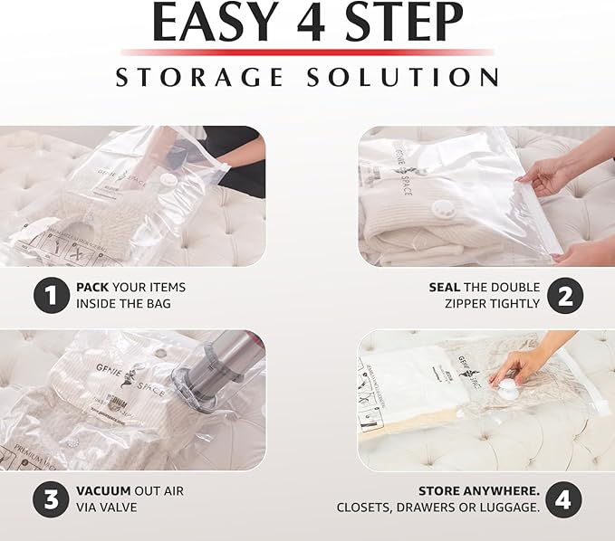 GENIE SPACE Premium Vacuum Storage Bags for Clothes, Bedding and Travel, Small Size 24x16 Inches, Airtight, Odor-Proof and Reusable Space Saver Bags with Double Zipper Seal, 6-Pack with Hand Pump