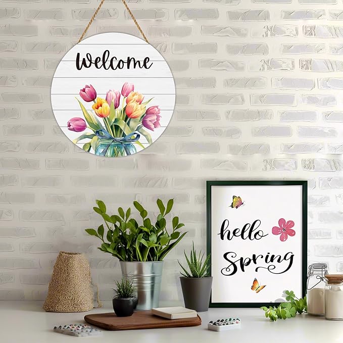 Spring Decorations for Home Spring Door Decor Mason Jar Tulip Wall Decor Wooden Tulip Wreaths for Front Door Hanger Welcome Sign for Porch Wall Indoor Home Decor (Tulip)