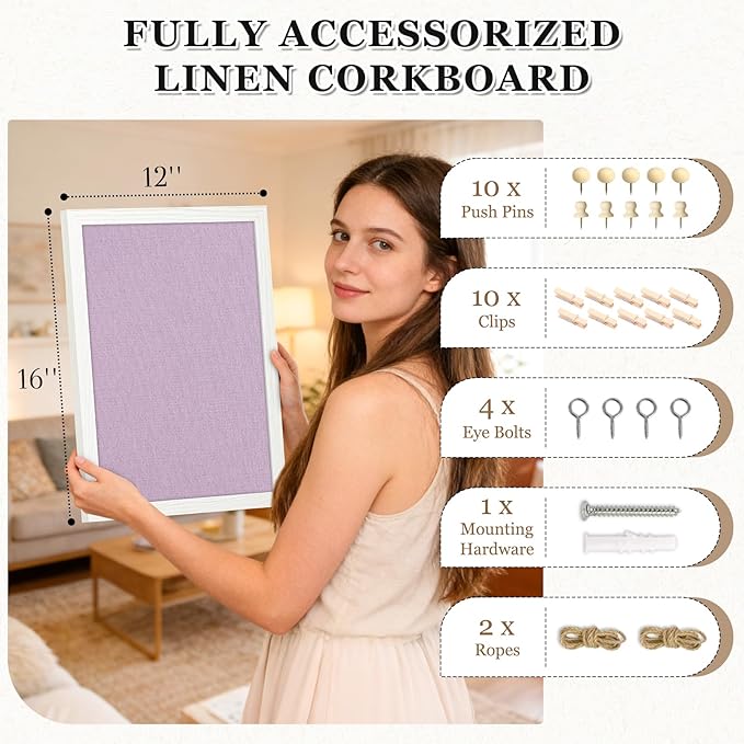 DOLLAR BOSS Bulletin Boards with Linen 1-Pack 16''X 12'' Double-Sided Cork Board for Walls Wood Framed Bulletin Boards, Small Pin Board for Home Kitchen Office Decorative Hanging 10 Pushpins, Purple