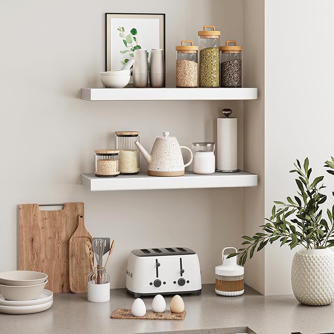 Fixwal White Shelves, 22" Long Floating Shelves for Living Room, Bedroom, Bathroom and Kitchen, Wall Mounted Shelves for Storage, Books, Room Decor Set of 2
