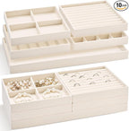 Set of 10 Stackable Jewelry Organizer Trays for Drawer 14 Inch Velvet Jewelry Drawer Insert Display Storage with Removable Divider for Necklace Earring Ring Watch Bracelet (Beige)