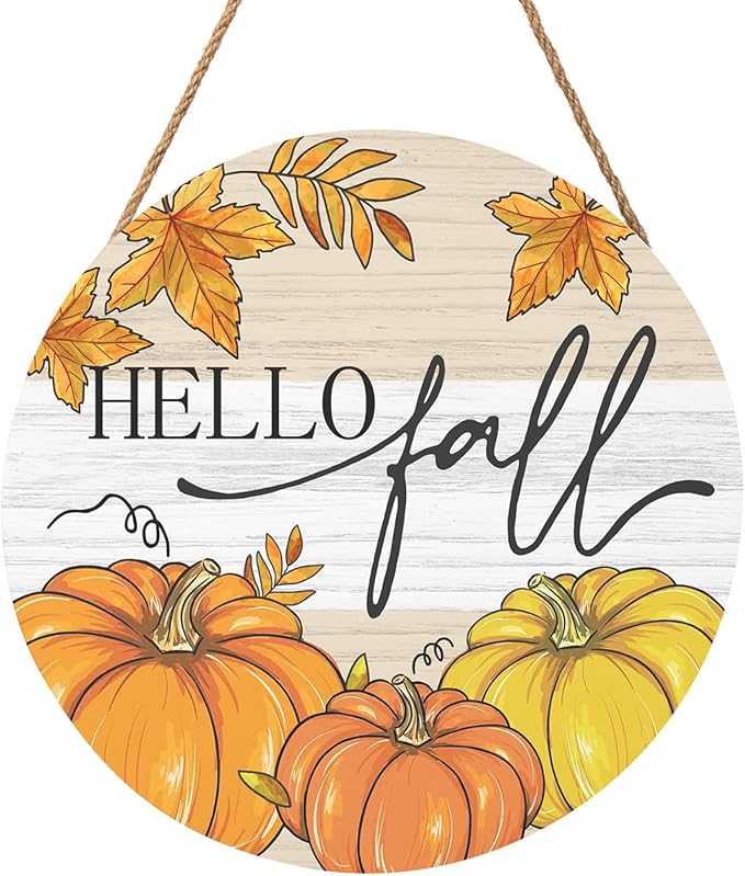 Hello Fall Welcome Sign Door Sign 12"x12" Fall Door Decorations Hanging Sign Farmhouse Pumpkin Round Wooden Sign for Home Front Door Wall Porch Yard Garden