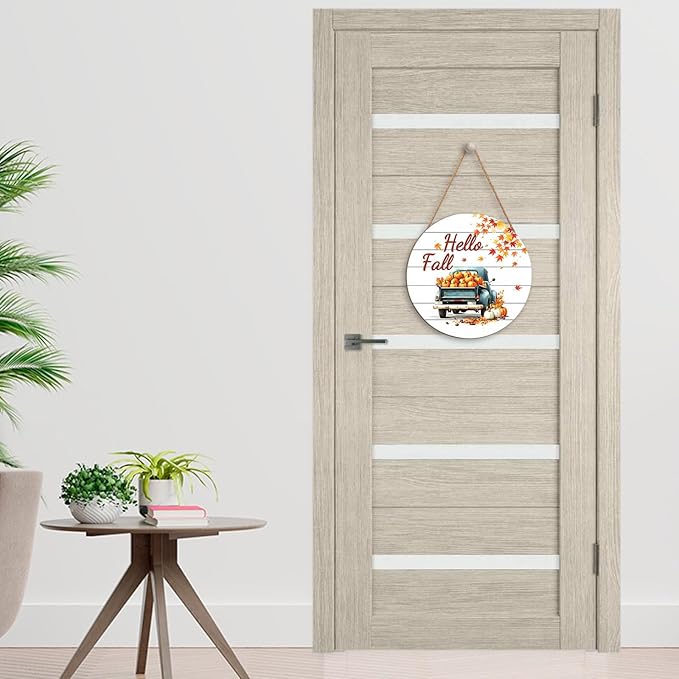 Hello Fall Wreath for Front Door Fall Truck Welcome Door Sign 12x12 Inch Autumn Maple Leaf Pumpkin Wood Door Hanger Farmhouse Thanksgiving Hanging Plaque for Home Porch Wall Indoor Outdoor Decorations