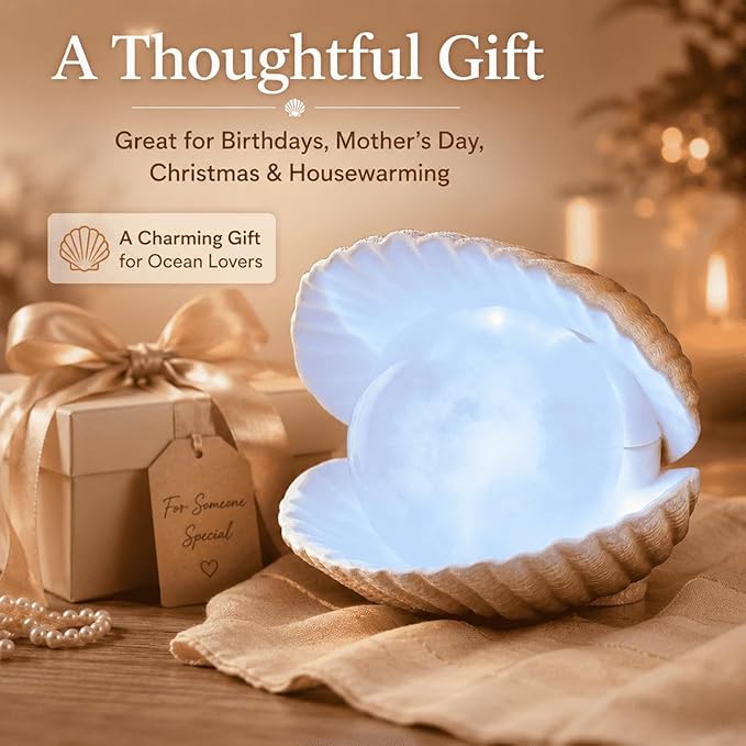 Seashell Pearl Night Light Ocean Sea Shell Snow Globe with Music and 6H Timer, USB & Battery Powered, Decorative Shell Night Light for Adult Kid Bedroom Living Room Coastal Decor Ideal Gift (Seashell)