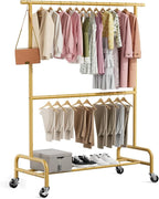 Abiglifty 2 Tier Clothes Rcks for Hanging Clothes, Heavy-Duty Clothing Rack with Wheels,150LBS Capacity, 42" W X15 D X 77" H Garment Rack with Bottom Shelf, for Bedroom, Living Room, Gold