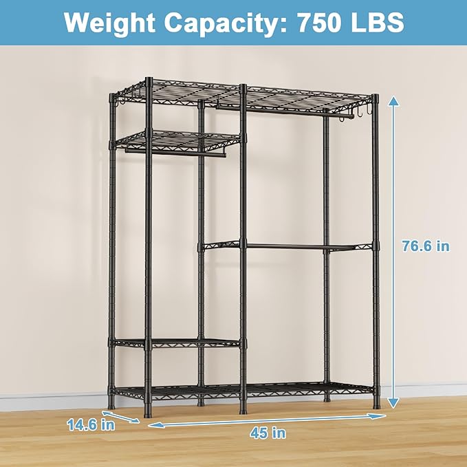 Ulif F7 Medium Garment Rack, Heavy Duty Clothes Rack, Clothing Racks for Hanging Clothes, 6-Tiers Freestanding Portable Closet Storage Rack 45'' W × 14.6'' D × 76.6'' H, Max Load 750 Lbs, Black