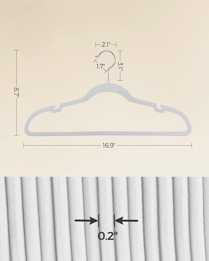 SONGMICS Velvet Hangers 100 Pack, Non-Slip Clothes Hangers with Shoulder Notches, Pants Bar, 360° Swivel Hook, Space-Saving, for Closet, Cloud White UCRF029W010