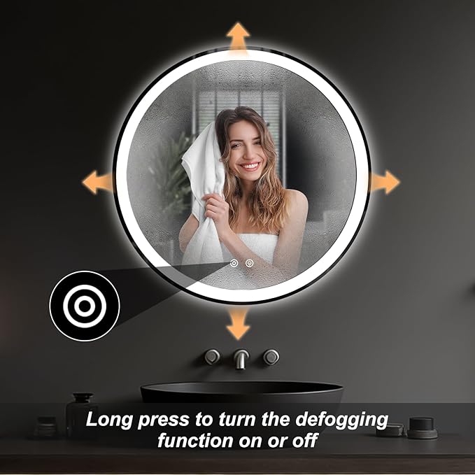 DUMOS 28 Inch Round LED Bathroom Mirror with Lights, Circle Vanity Mirror with Anti-Fog, Dimmable, 3-Color Light, Front Light and Backlit, Memory Function, Tempered Glass
