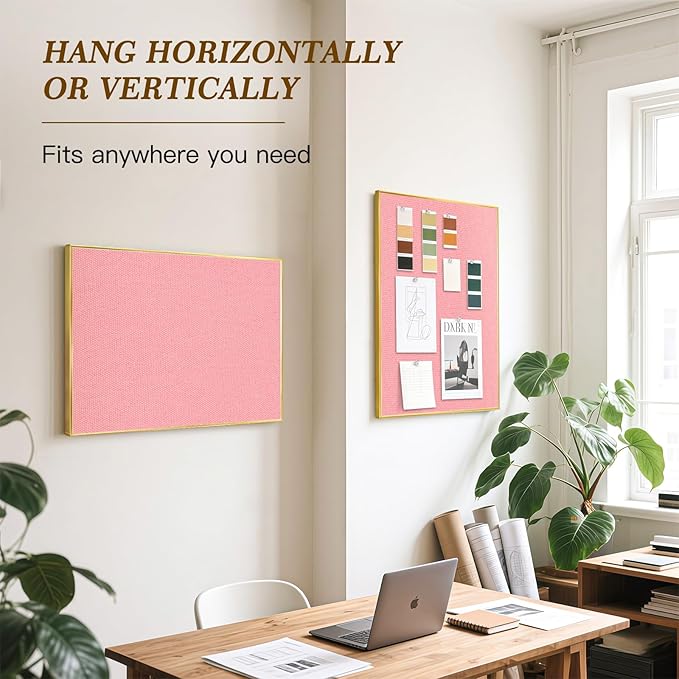 Linen Bulletin Board 36" x 24", Fabric Pin Board with Gold Aluminum Frame, Decorative Vision Board for Home Office, Bedroom & Dorm Wall Decor, Includes 10 Push Pins, Pink
