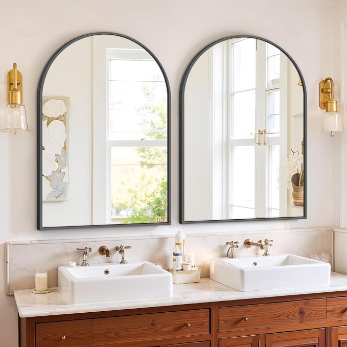 Bathroom Mirror for Wall, 30x20 Inch Arched Mirror, Matte Black Metal Framed Bathroom Vanity Mirror for Restroom Farmhouse, Anti-Rust, Tempered Glass, Hanging or Leaning