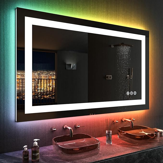 LOAAO 48"X32" LED Bathroom Mirror with Lights, Anti-Fog, Dimmable, RGB Backlit + Front Lighted, Bathroom Vanity Mirror for Wall, Memory Function