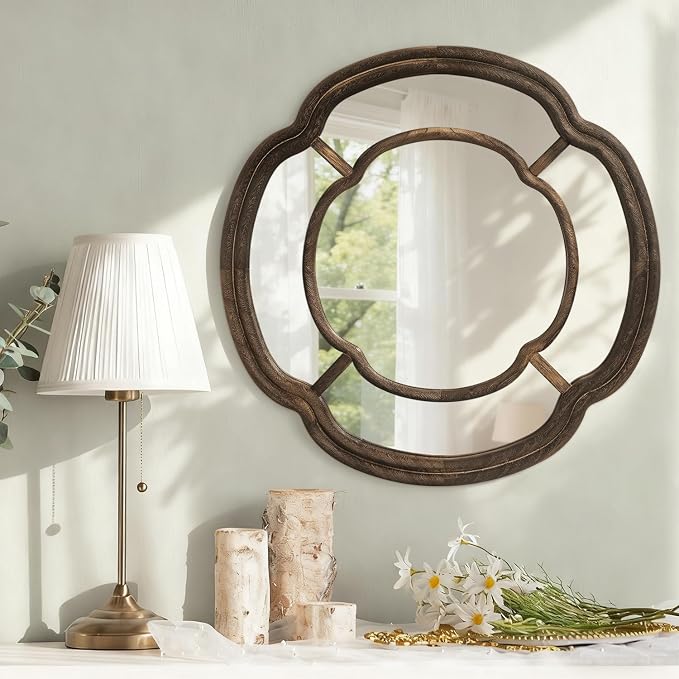 Irregular Wall Mirror, Large Round Wavy Hanging Mirror Circle Wooden Framed Decorative Mirrors 20 Inch for Living Room Hallway Entryway Decor Mirrors