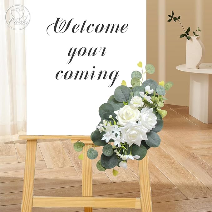 Odouzy Artificial Wedding Arch Flowers for Wedding Sign,Set of 2 for Welcome Ceremony Sign,Faux Floral Swags,Wedding, Banquet and Reception Backdrop Floral Decoration (White Champagne)