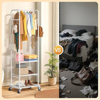 Clothes Rack with Wheels, Freestanding Garment Rack with 3 Metal Shelves for Hanging Clothes, Portable Hanging Rod for Small Room, Bedroom, Bathroom (White)