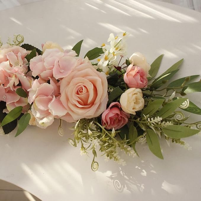 MSUIINT 25.6 Inch Artificial Rose Flower Swag with Green Leaves, Handmade Fake Plant for Front Door, Wedding Arch Flowers Spring Floral Swag, Wall Hanging Swag for Home Party Decor(Pink)