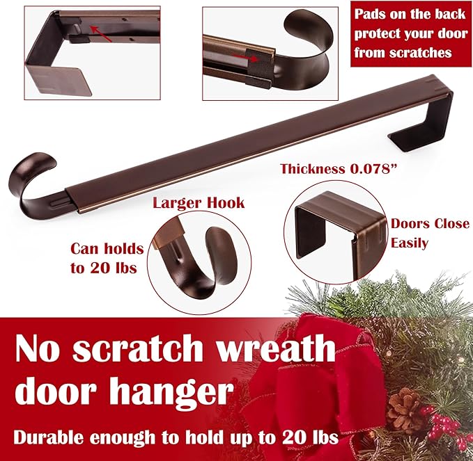 2 Pack Wreath Hanger for Front Door, 20 lbs Christmas Wreath Door Hanger, Non Scratch Over the Door Hooks for Xmas Easter Halloween Fall Wreaths Décor Welcome Sign, Adjustable from 15 to 25 in Hangers