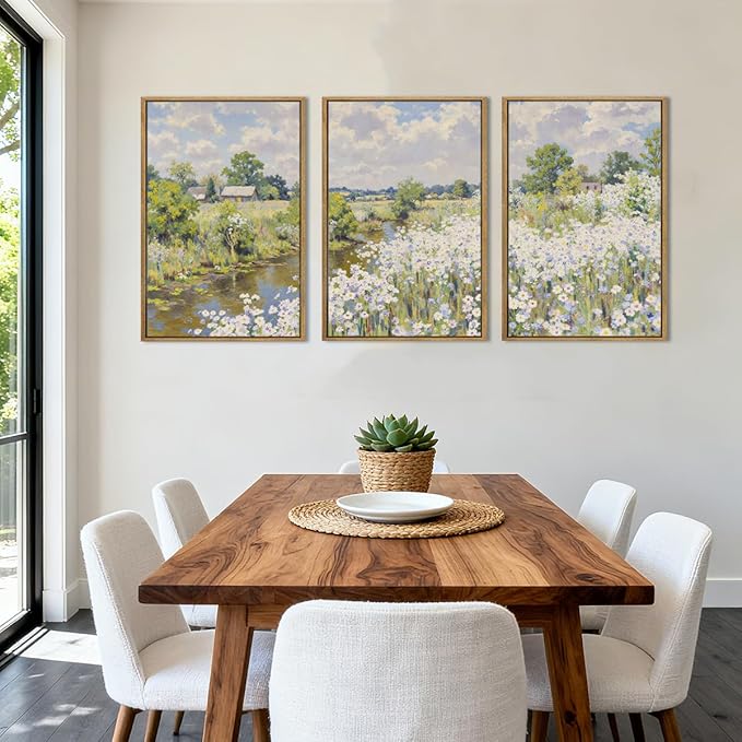 BINCUE Framed Wildflower Wall Art Rustic Floral Wall Decor Vintage Landscape Artwork Nature Flowers Wall Pictures Wildflowers Art Prints Florals Paintings for Living Room Bedroom Bathroom Farmhouse 16x24 Inches Set of 3 Gift