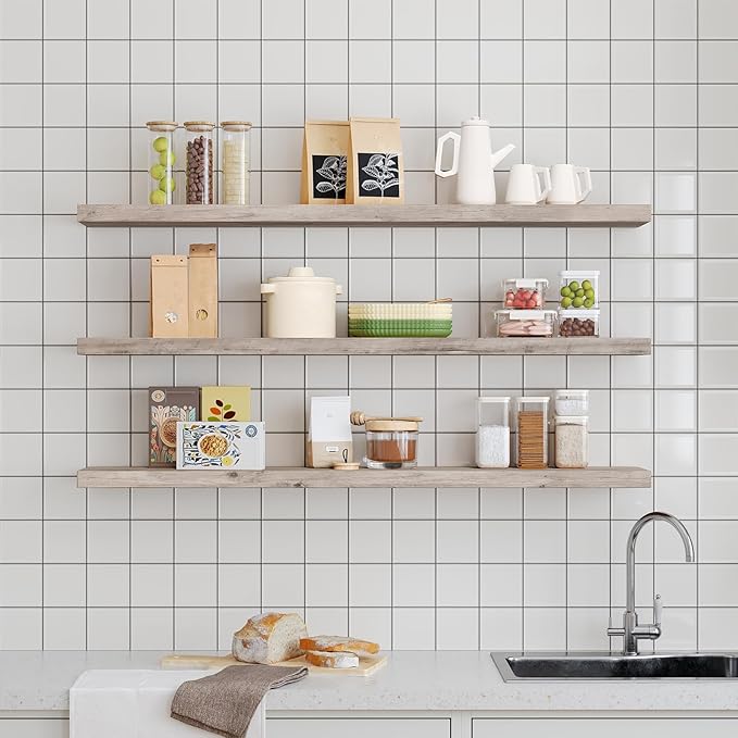 RALGEND Floating Shelves for Wall, 47.2" Large Grey Wall Shelf Set of 3 with Invisible Brackets, 1.5" Thick Hanging Book Shelves Farmhouse Decor for Bathroom, Living Room, Bedroom, Greige 12301BJP3BG