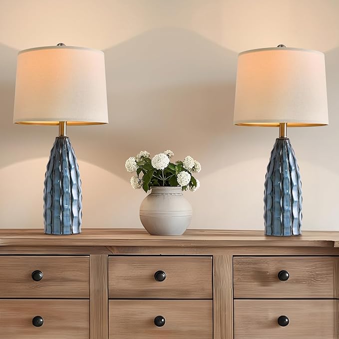 USumkky Ceramic Table Lamps Set of 2, 23.75" Modern Farmhouse Bedside Lamp - Blue Nightstand Lamps for Bedroom, Boho Living Room End Tables, Small Office Desk Lamp Decor