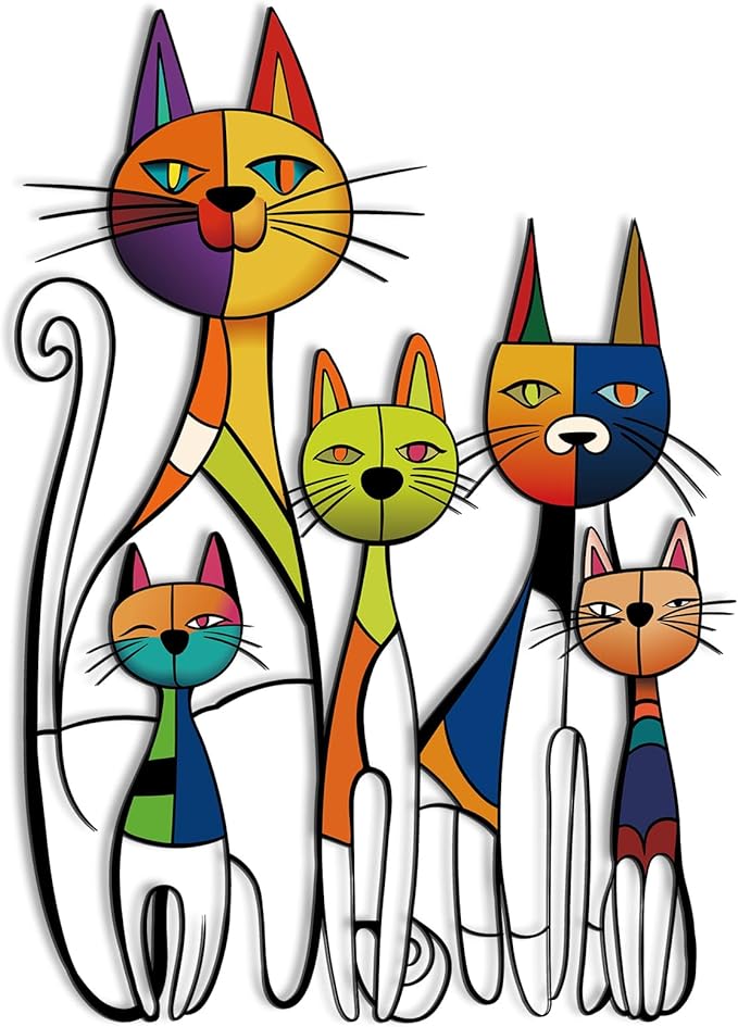 Wesiti Cat Wall Art Decor Iron Wall Sculptures Decor for Cats Lover 10.6 x 15.7 Inches Colorful Mid Century Cat Retro Signs for Home Living Room Bedroom Kitchen Office(Glamorous)