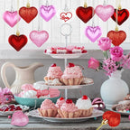 Valentine's Day Decor Heart Ornaments 36 Pcs Heart Shaped Baubles Red Pink White Hanging Decorations for Valentine's Day Christmas Wedding Anniversary