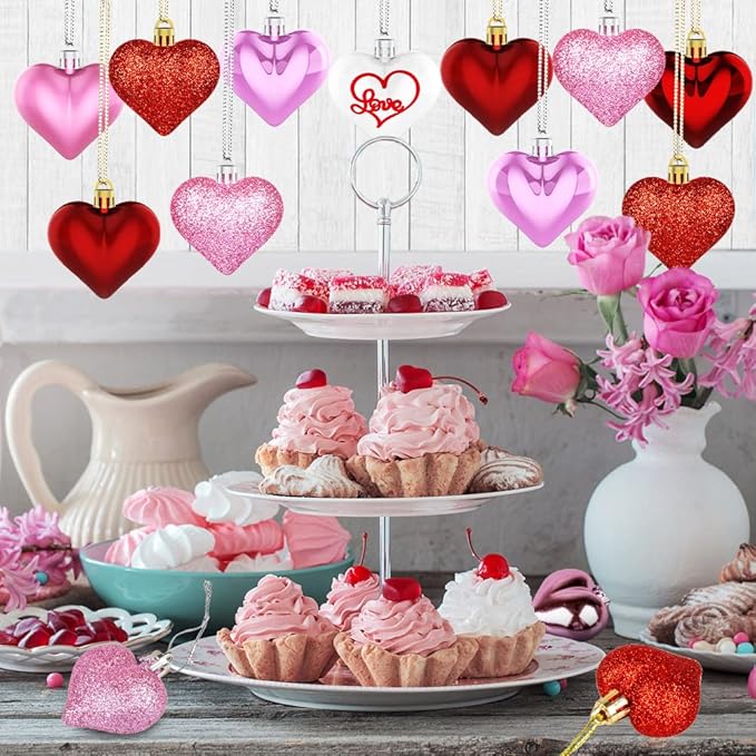 Valentine's Day Decor Heart Ornaments 36 Pcs Heart Shaped Baubles Red Pink White Hanging Decorations for Valentine's Day Christmas Wedding Anniversary