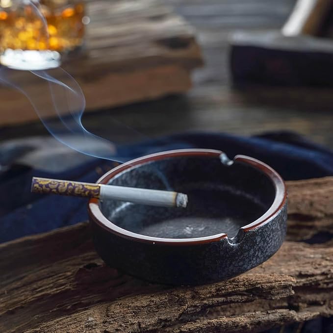 Ceramic Ashtray Stylish Indoor & Outdoor Cigarette Ashtray for Home, Coffee Bars, and Patios，Lava Dazzling Black (Medium Size)(2PCS)