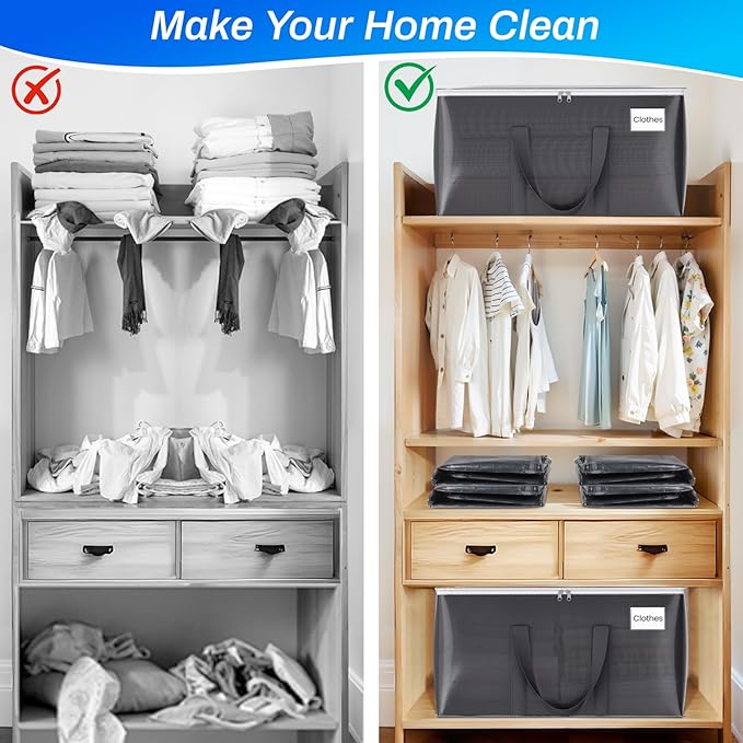 6 Pack Moving Bags Heavy Duty, Moving Boxes, Storage Bags with Zipper & Handles & Tag for College & Dorm Moving Supplies Grey Laundry Hamper Bag, Foldable Space-saving Totes (93L, Grey)
