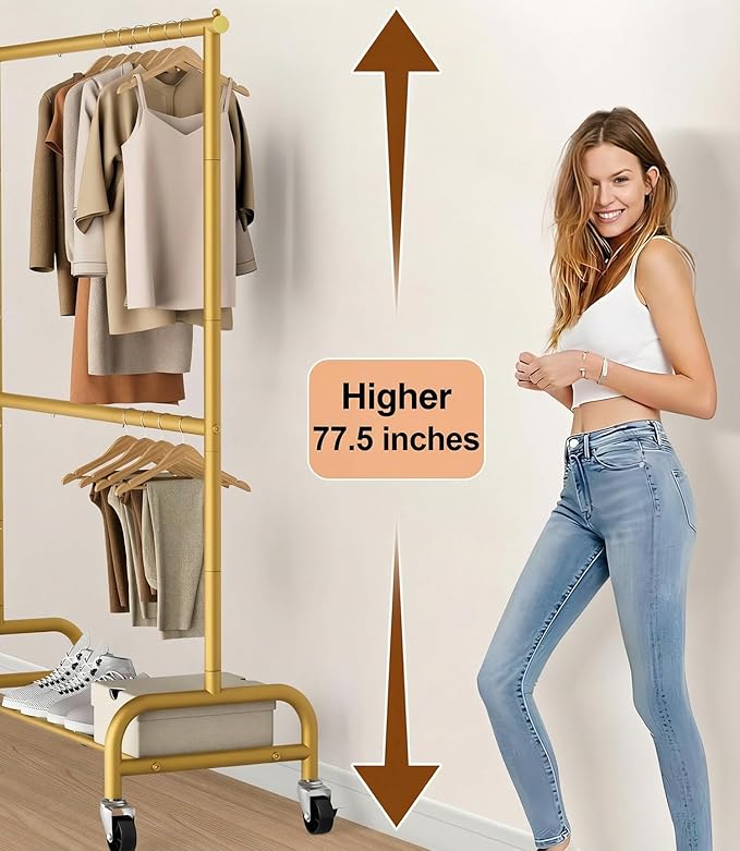 MISSLO Gold Clothing Racks for Hanging Clothes Heavy Duty Clothes Rack Double Garment Rack Metal Rolling Coat Rack Closet Wardrobe Rack on Wheels