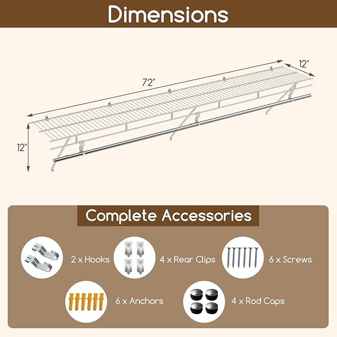 COSTWAY Closet Shelves Wall Mounted, Closet Shelf with Hanging Rod, Ventilated Metal Wire Shelving Kit, Wire Wall Shelf for Laundry Room, Bedroom, Home, Mounting Accessories Included (6 ft x 12 in)