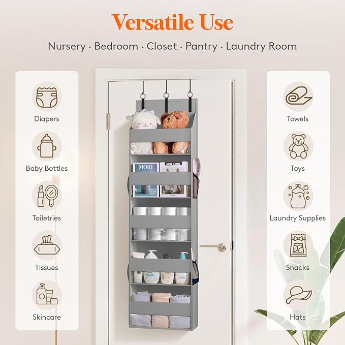 Lifewit 1 Pack Over the Door Organizer, Clear Window Hanging Storage with 4 Side Pockets, Anti Tilt 40 lbs Load Behind Door for Pantry, Nursery, Bathroom, Bedroom, Dorm, 5 Section, Light Gray